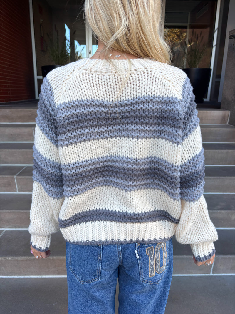 Chunky Blue Button Up Cardigan Sweater