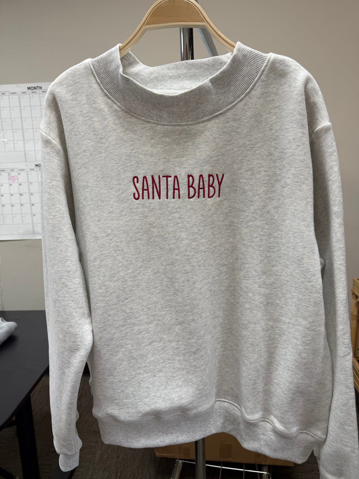 Pearl Grey Santa Baby Embroidered Mockneck Sweatshirt 100% Cotton