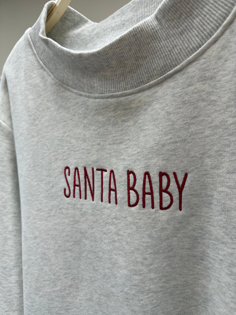Pearl Grey Santa Baby Embroidered Mockneck Sweatshirt 100% Cotton
