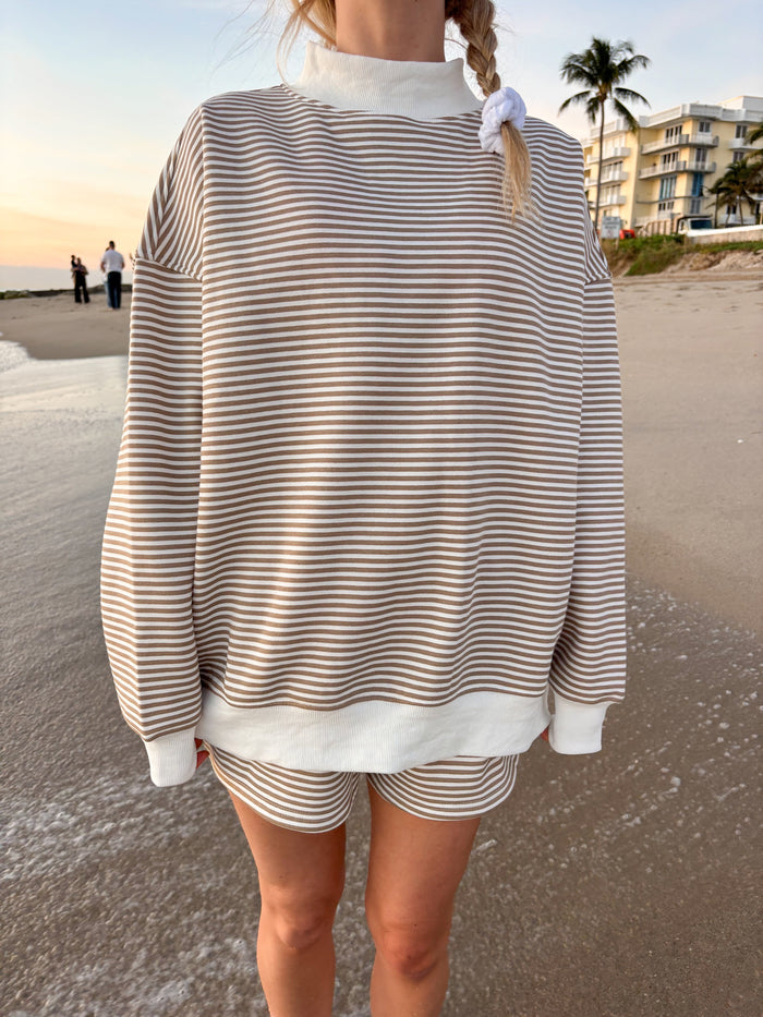 Brown and White Big Striped Mockneck Sweatshirt