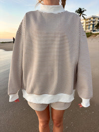 Brown and White Big Striped Mockneck Sweatshirt