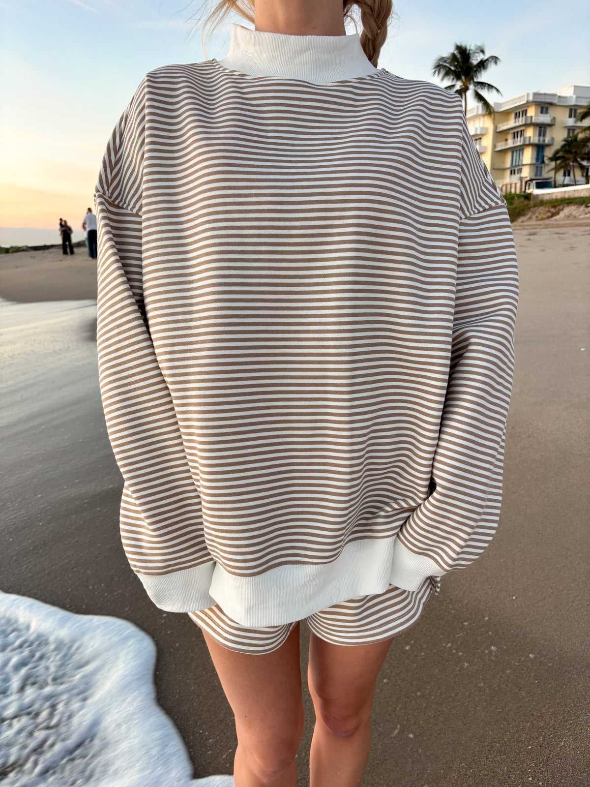 Brown and White Big Striped Mockneck Sweatshirt