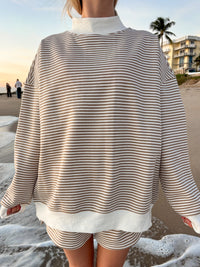 Brown and White Big Striped Mockneck Sweatshirt