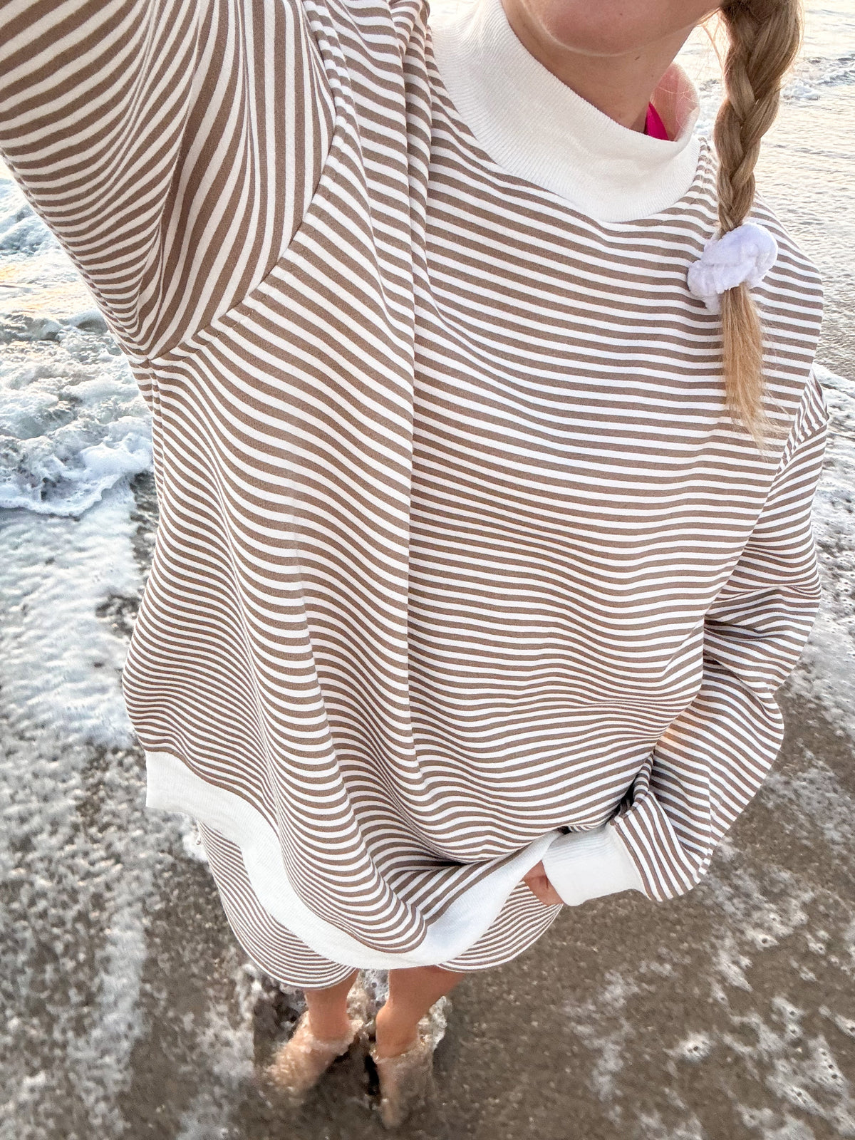 Brown and White Big Striped Mockneck Sweatshirt