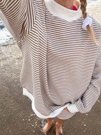 Brown and White Big Striped Mockneck Sweatshirt