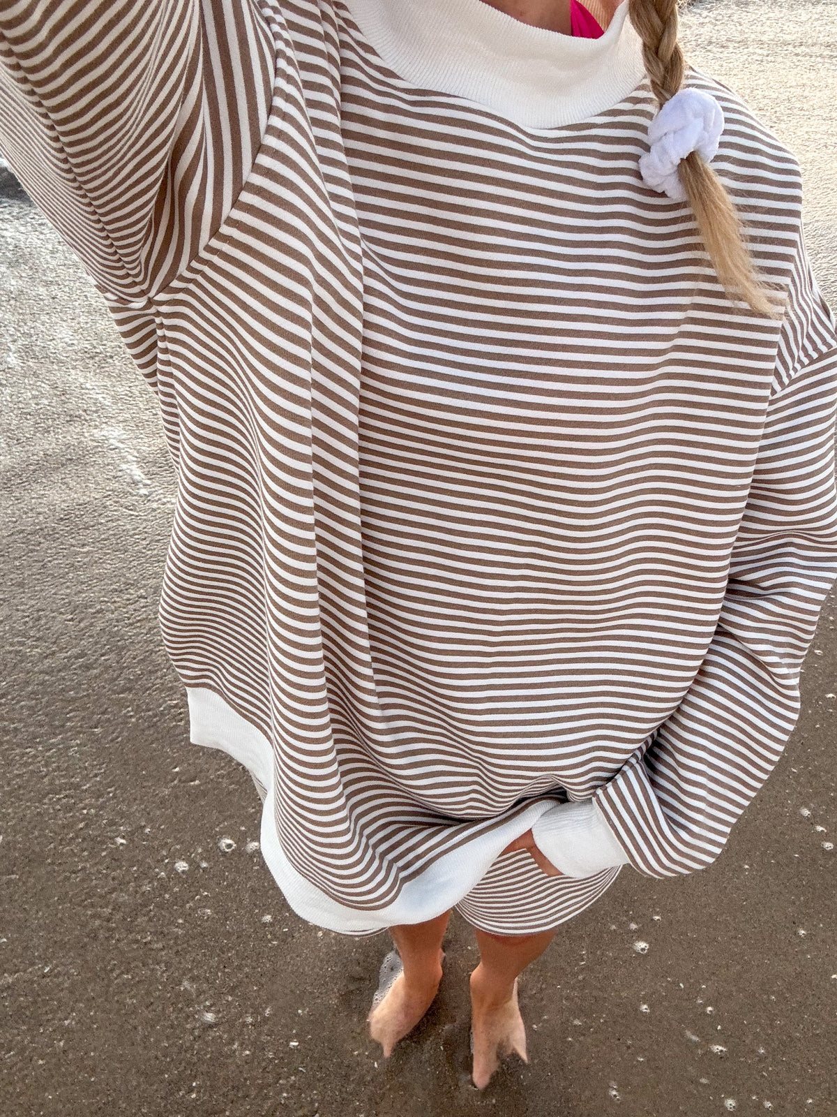 Brown and White Big Striped Mockneck Sweatshirt