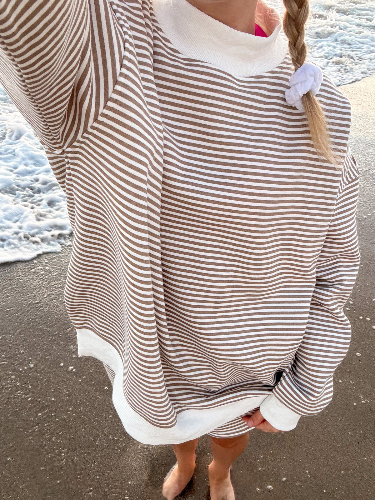 Brown and White Big Striped Mockneck Sweatshirt