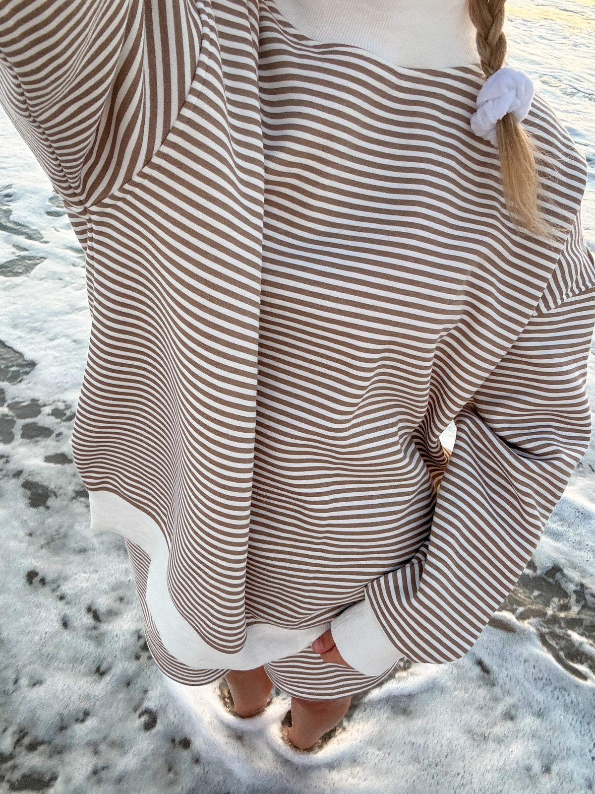 Brown and White Big Striped Mockneck Sweatshirt