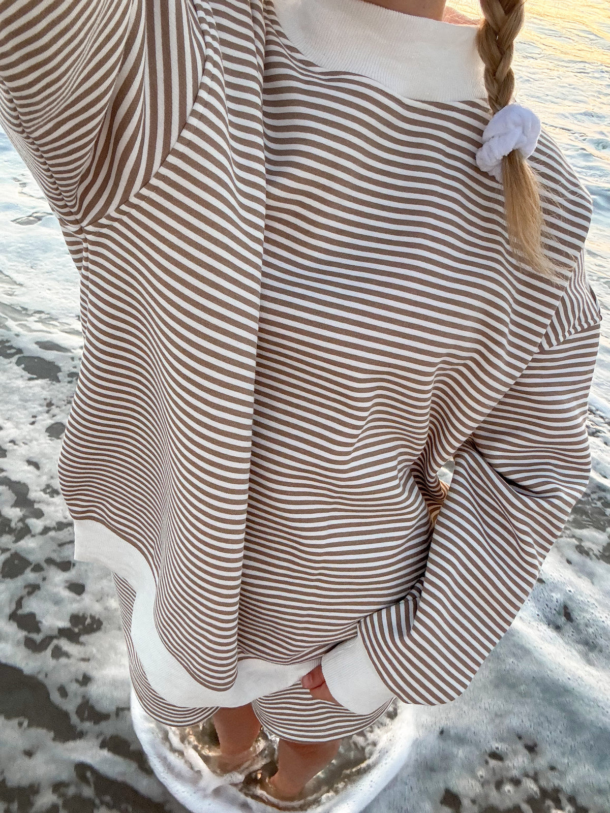 Brown and White Big Striped Mockneck Sweatshirt