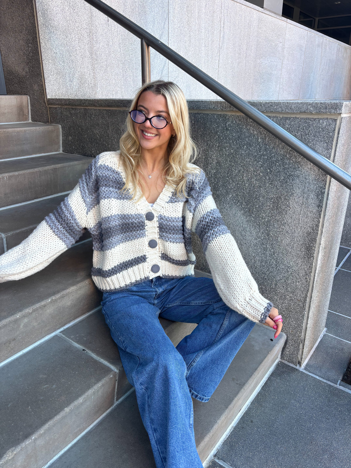 Chunky Blue Button Up Cardigan Sweater