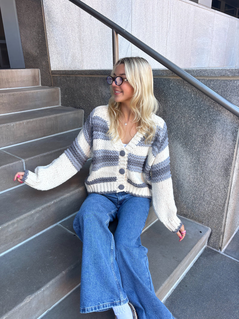 Chunky Blue Button Up Cardigan Sweater