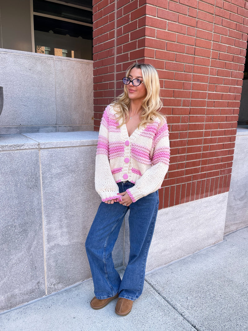 Chunky Pink Button Up Cardigan Sweater