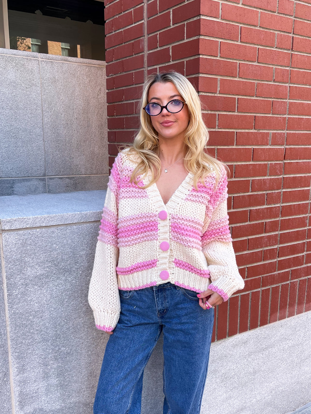 Chunky Pink Button Up Cardigan Sweater