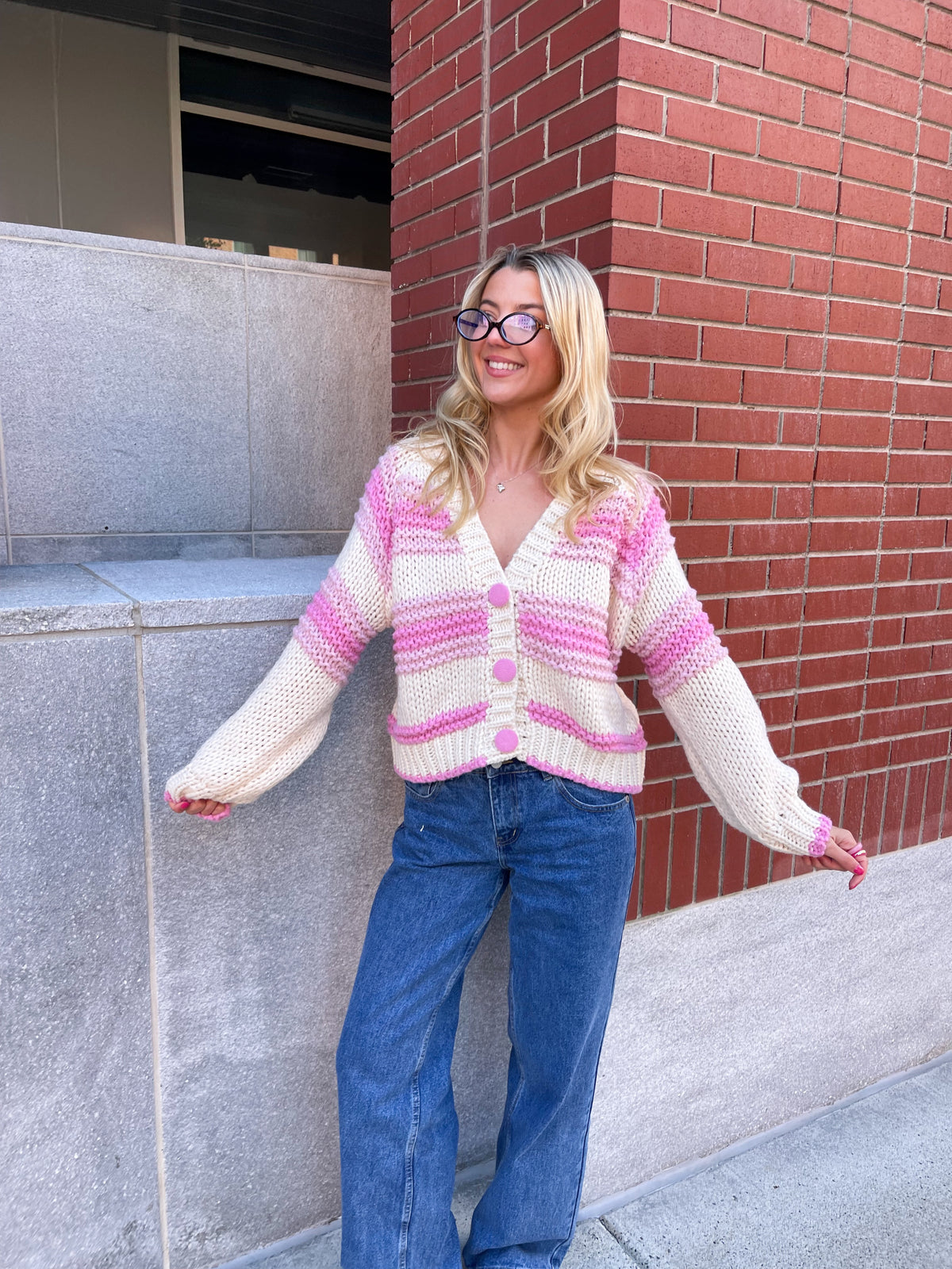 Chunky Pink Button Up Cardigan Sweater