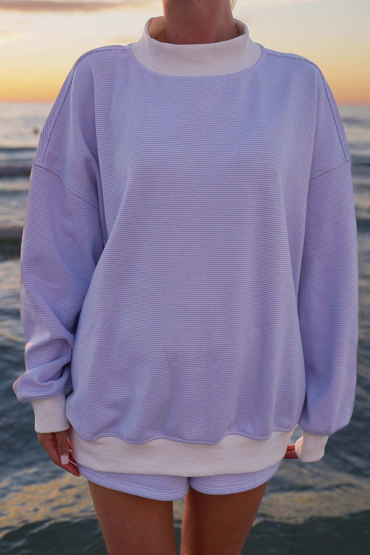 Blue and White Mini Striped Mockneck Sweatshirt