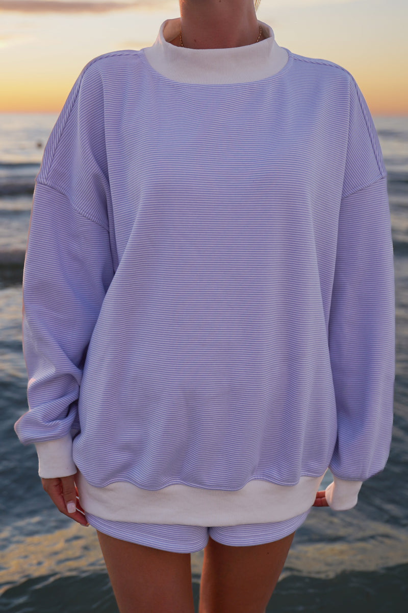 Blue and White Mini Striped Mockneck Sweatshirt