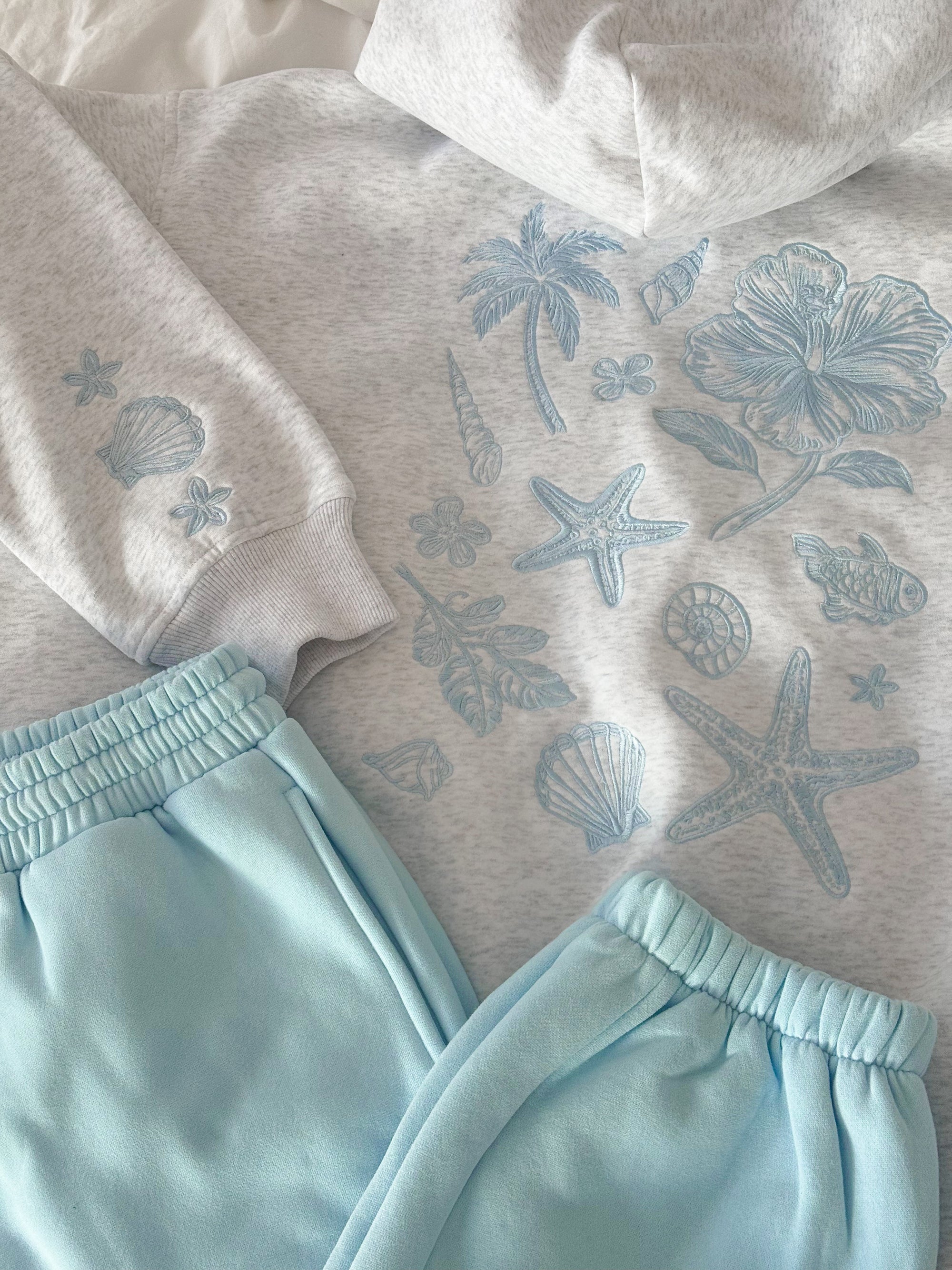 Pearl Grey Tropical Embroider Hoodie