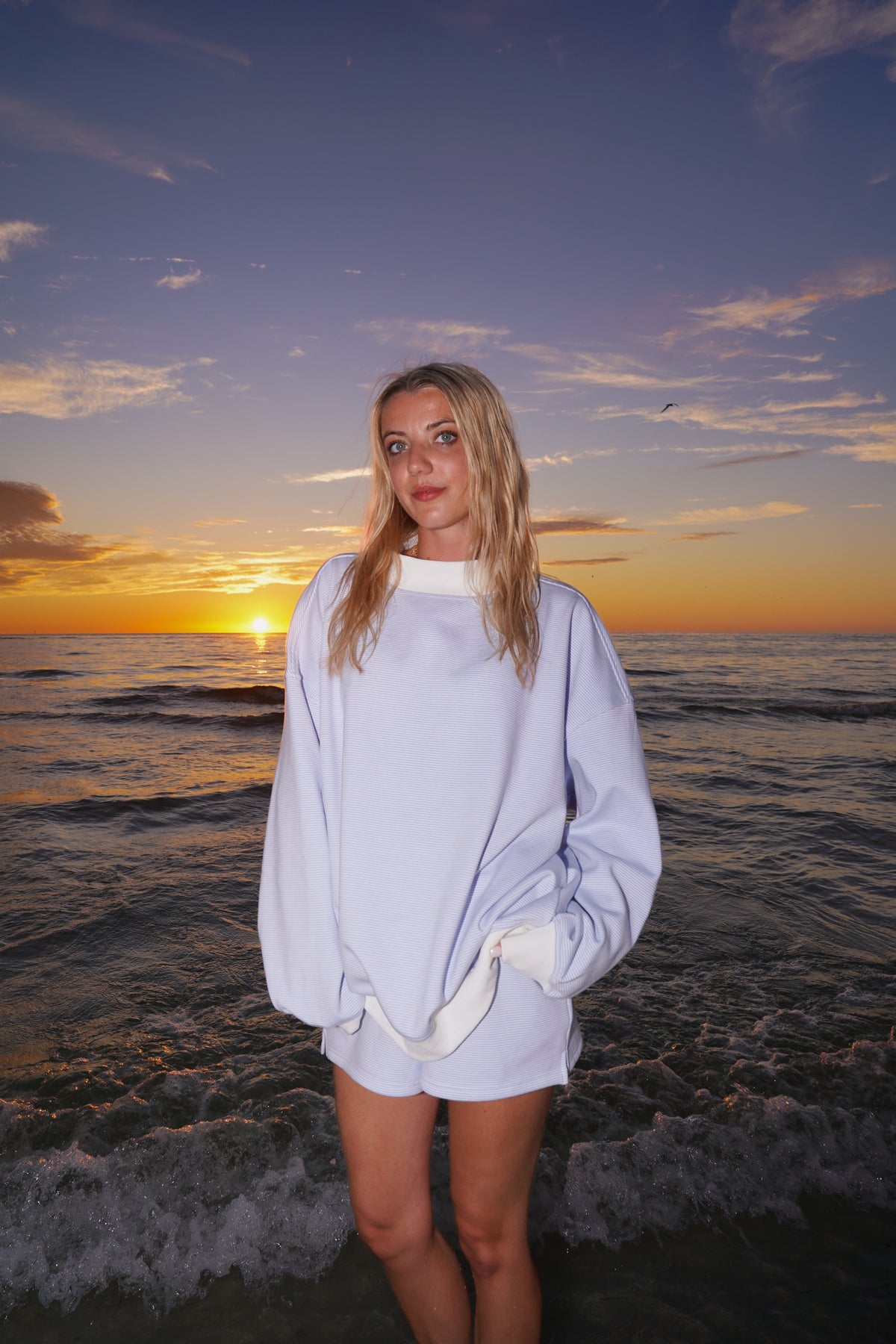 Blue and White Mini Striped Mockneck Sweatshirt