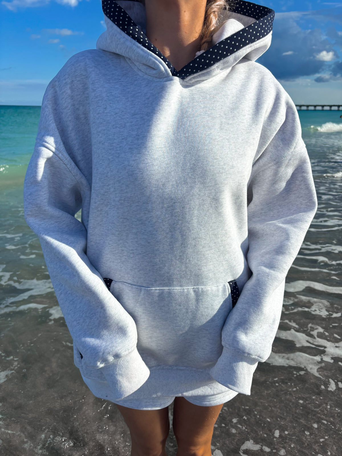 Pearl Grey Navy Blue Polka Dot Hoodie