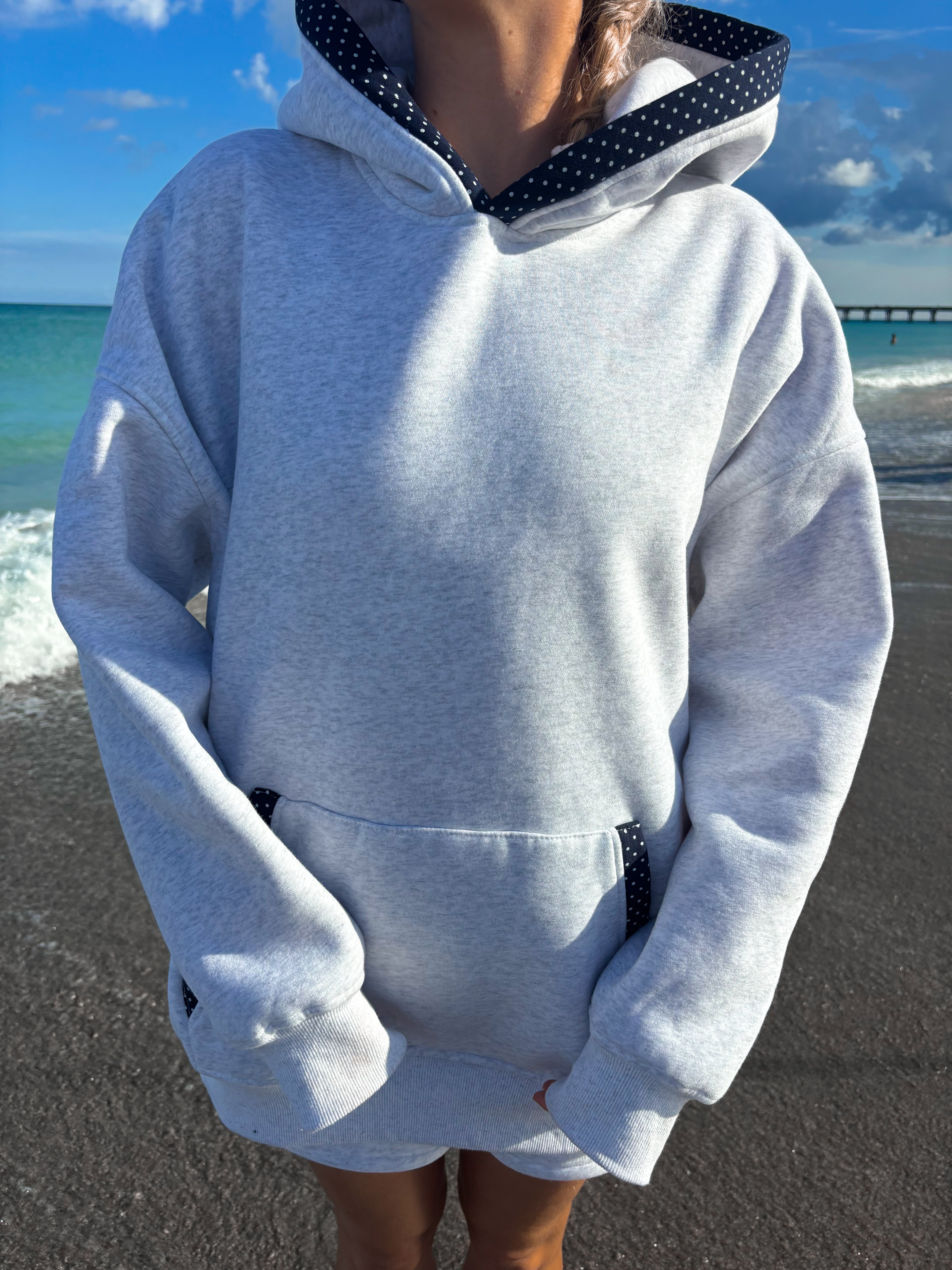 Pearl Grey Navy Blue Polka Dot Hoodie – Sunkissedcoconut