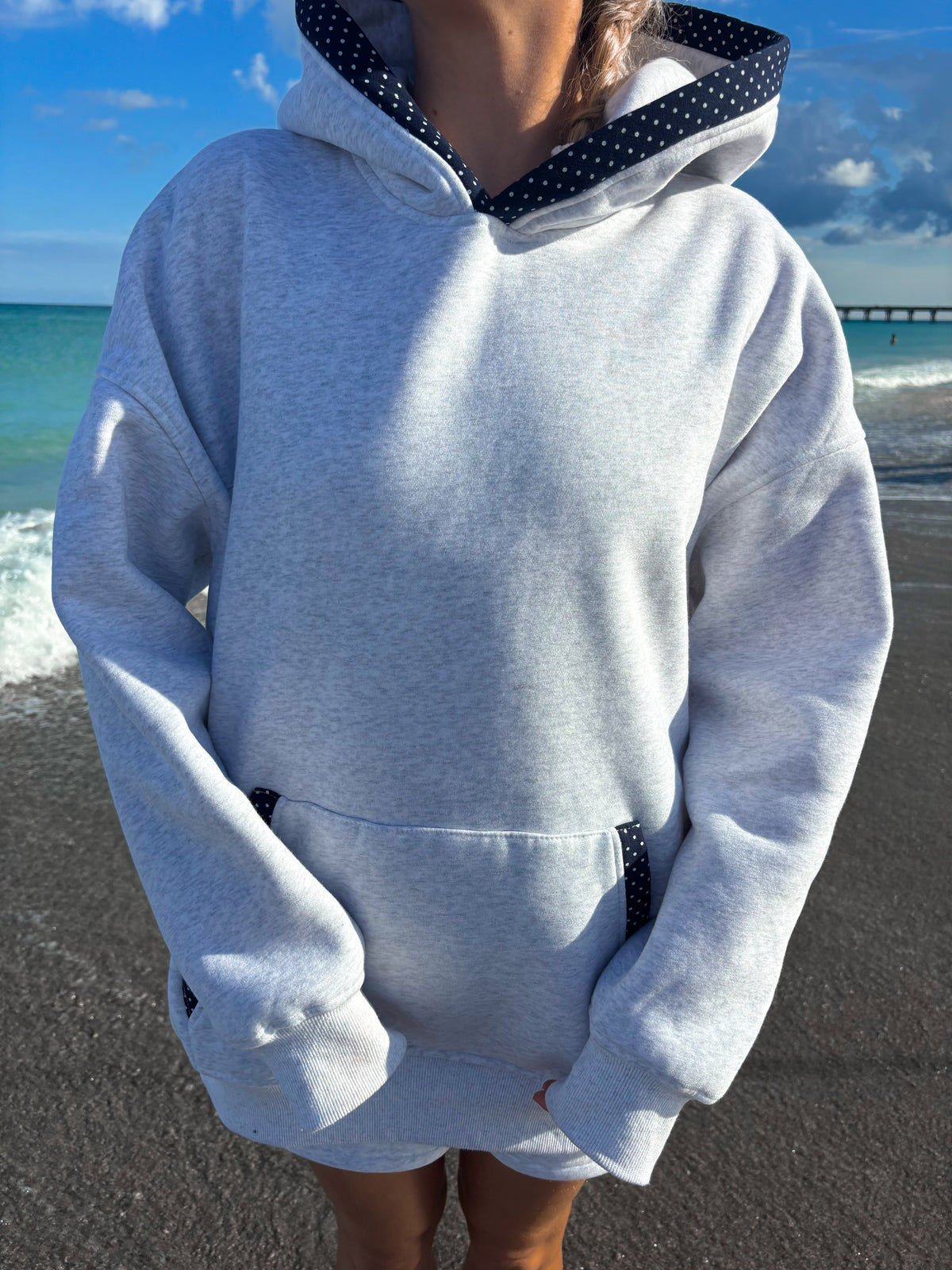 Pearl Grey Navy Blue Polka Dot Hoodie