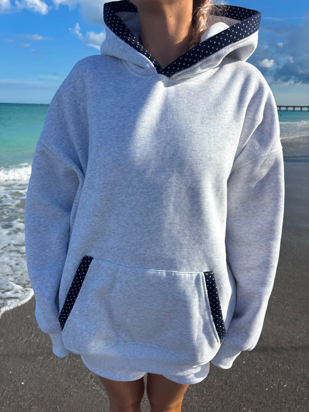 Pearl Grey Navy Blue Polka Dot Hoodie