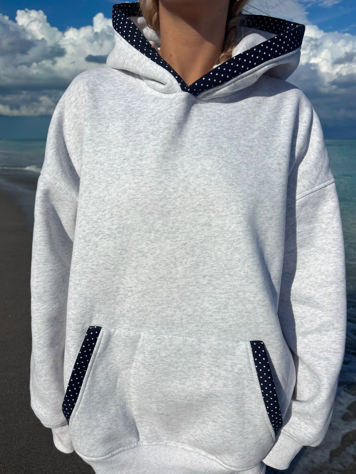 Pearl Grey Navy Blue Polka Dot Hoodie