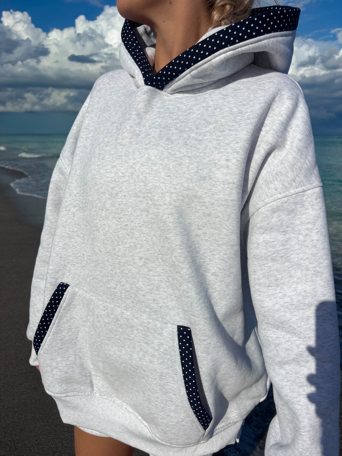 Pearl Grey Navy Blue Polka Dot Hoodie