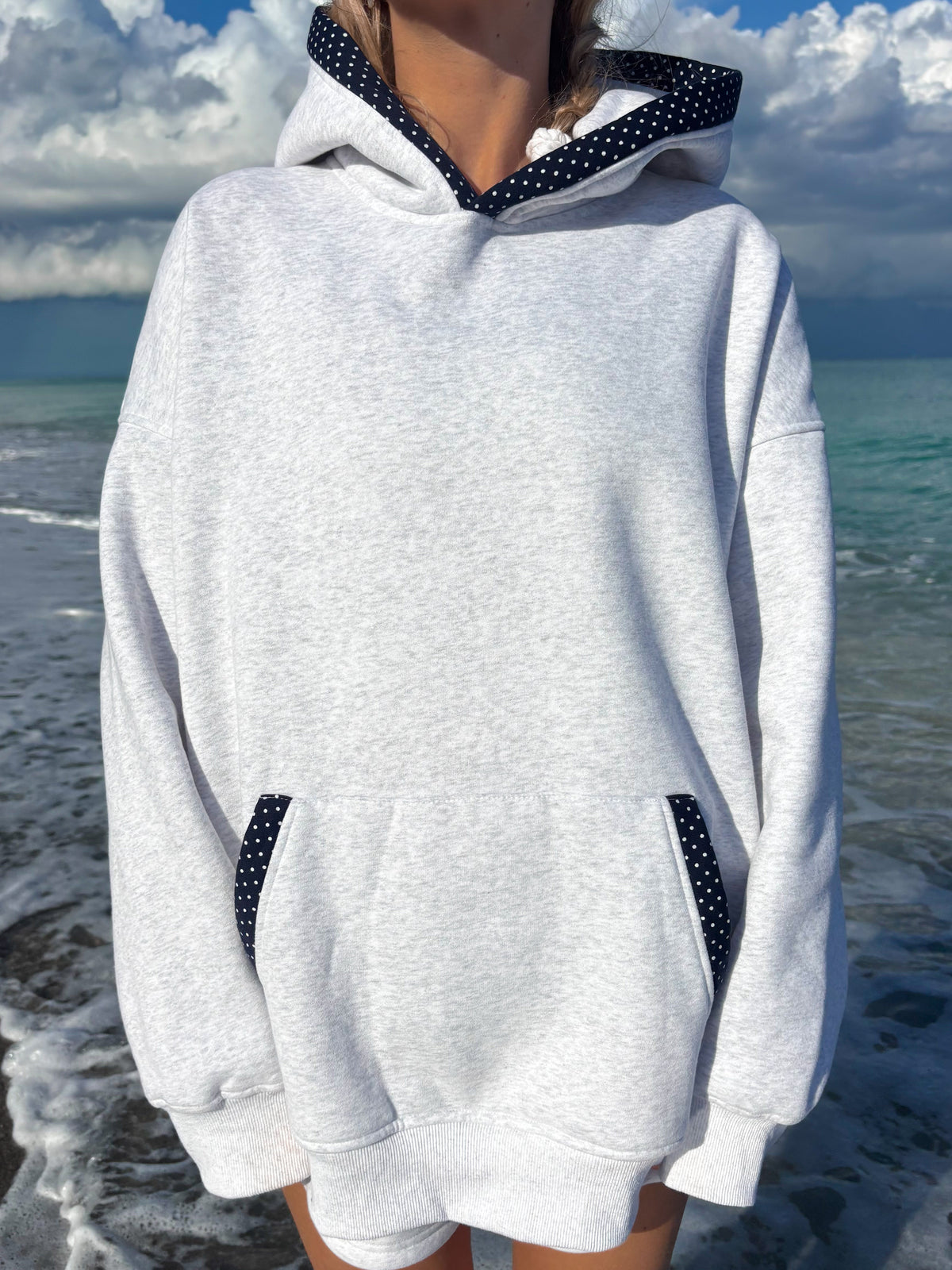 Pearl Grey Navy Blue Polka Dot Hoodie