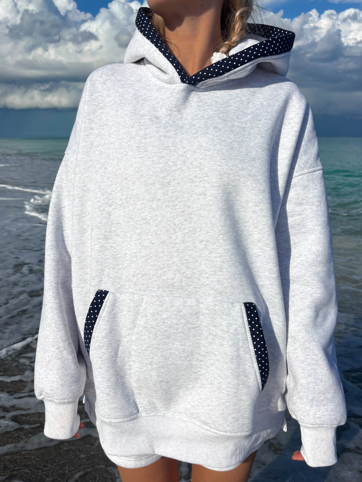 Pearl Grey Navy Blue Polka Dot Hoodie