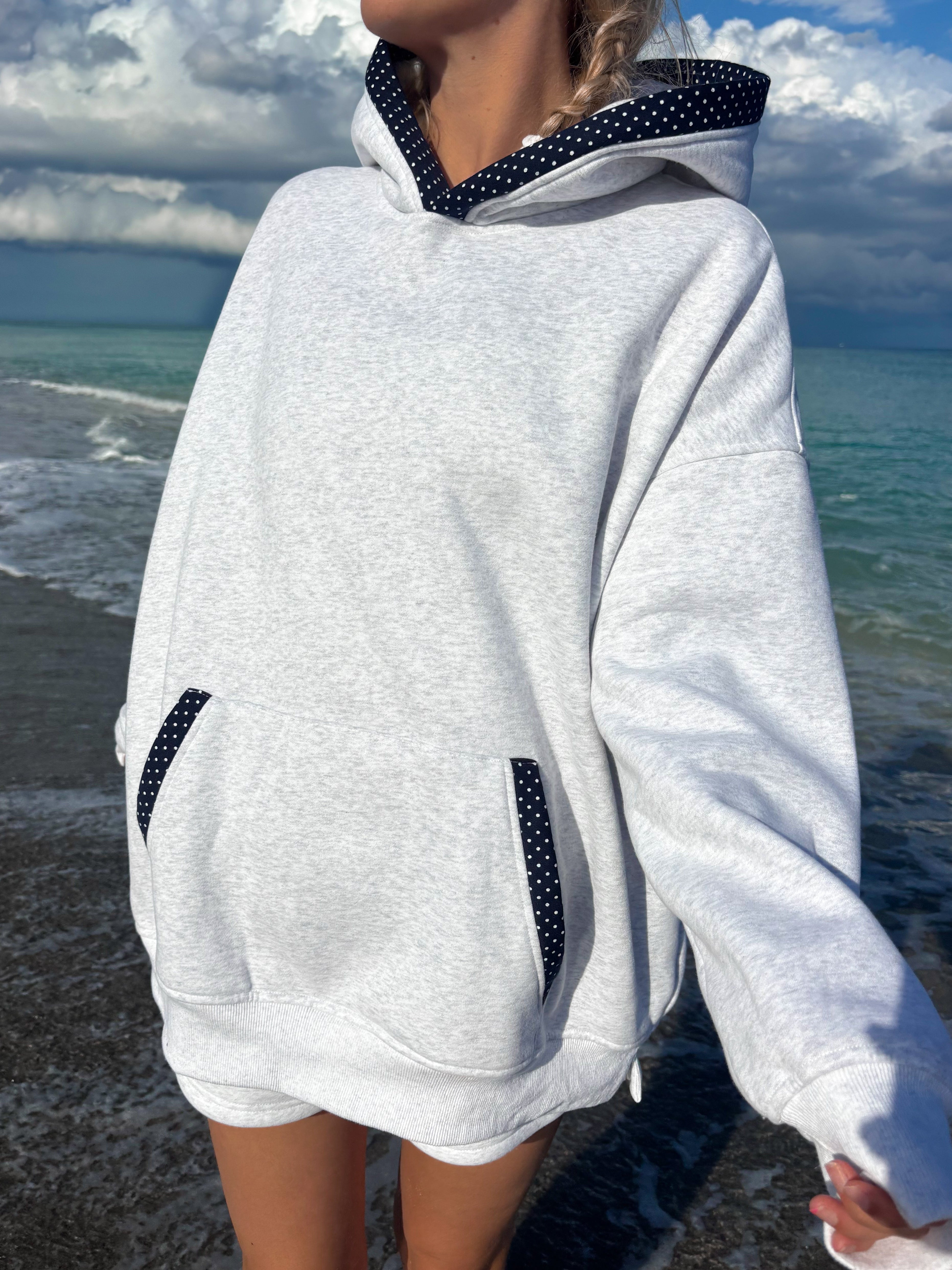 Pearl Grey Navy Blue Polka Dot Hoodie – Sunkissedcoconut