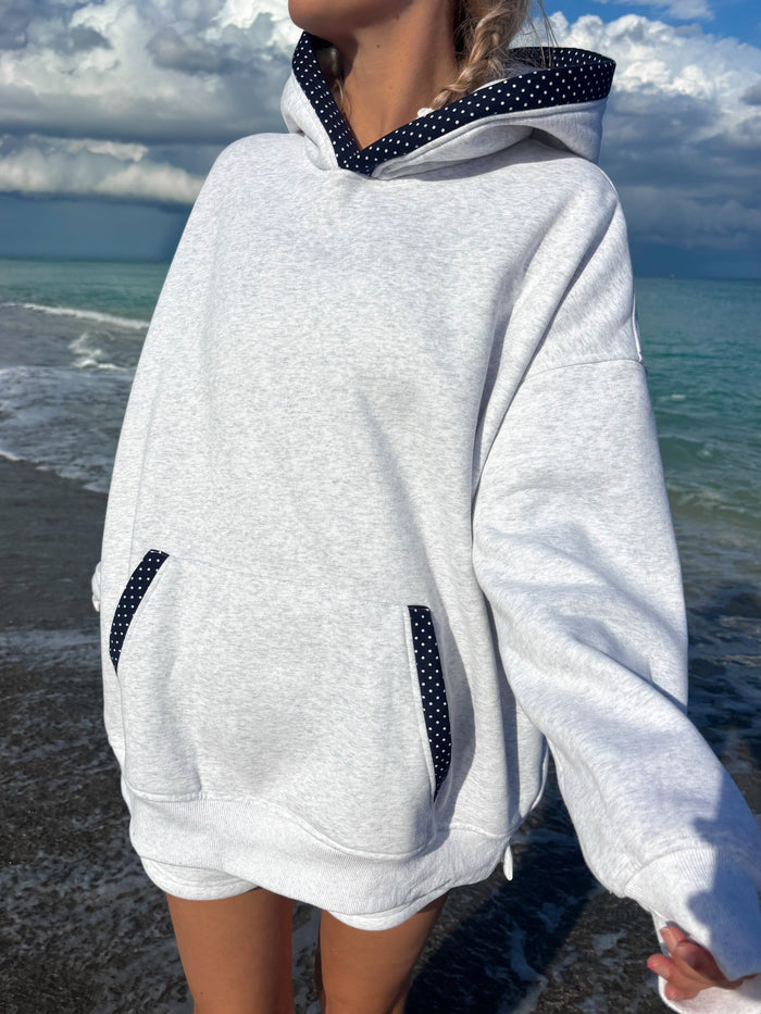 Pearl Grey Navy Blue Polka Dot Hoodie