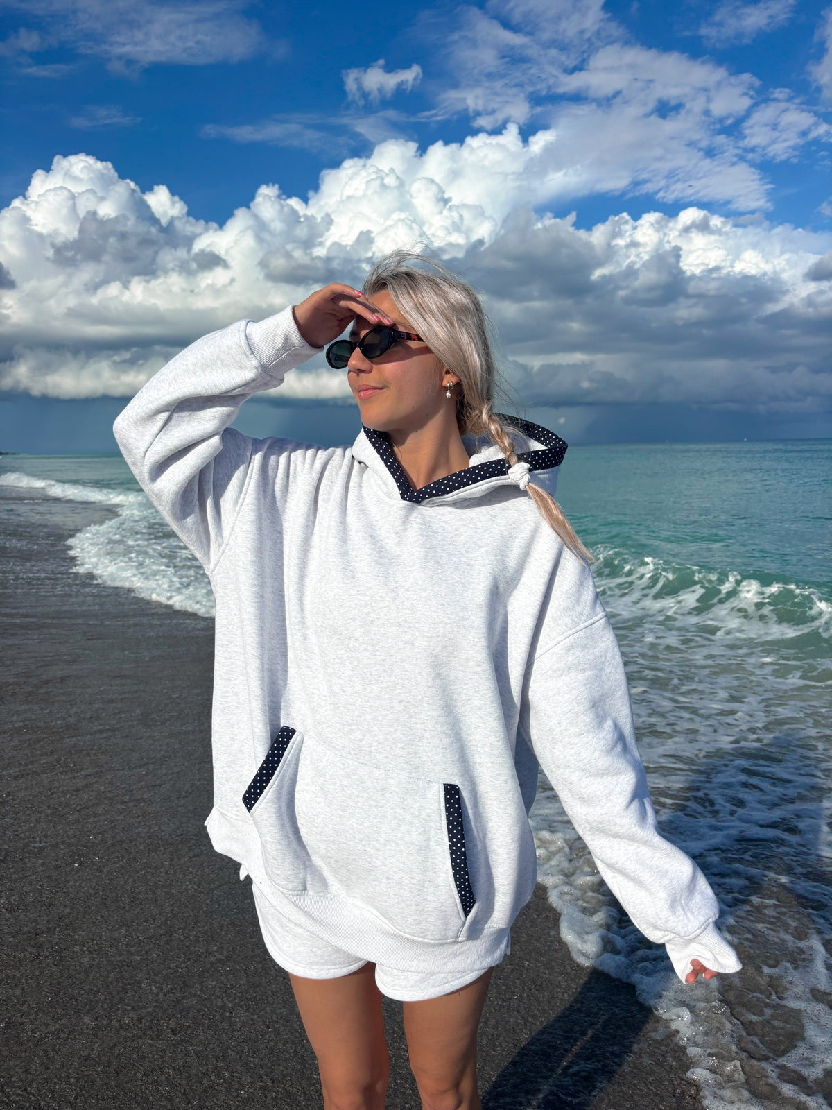 Pearl Grey Navy Blue Polka Dot Hoodie