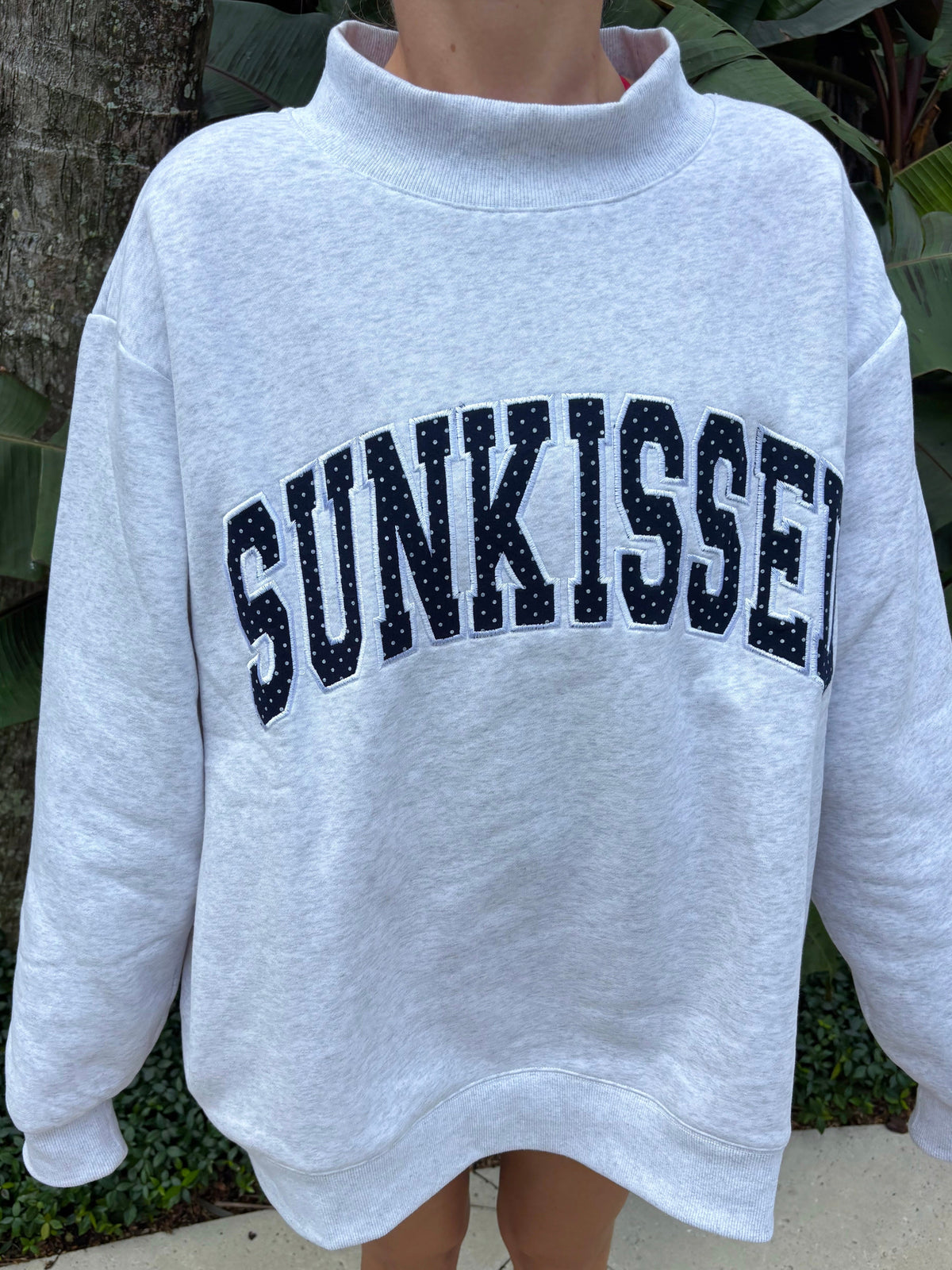Pearl Grey Navy Blue Polka Dot SUNKISSED Mockneck Sweatshirt