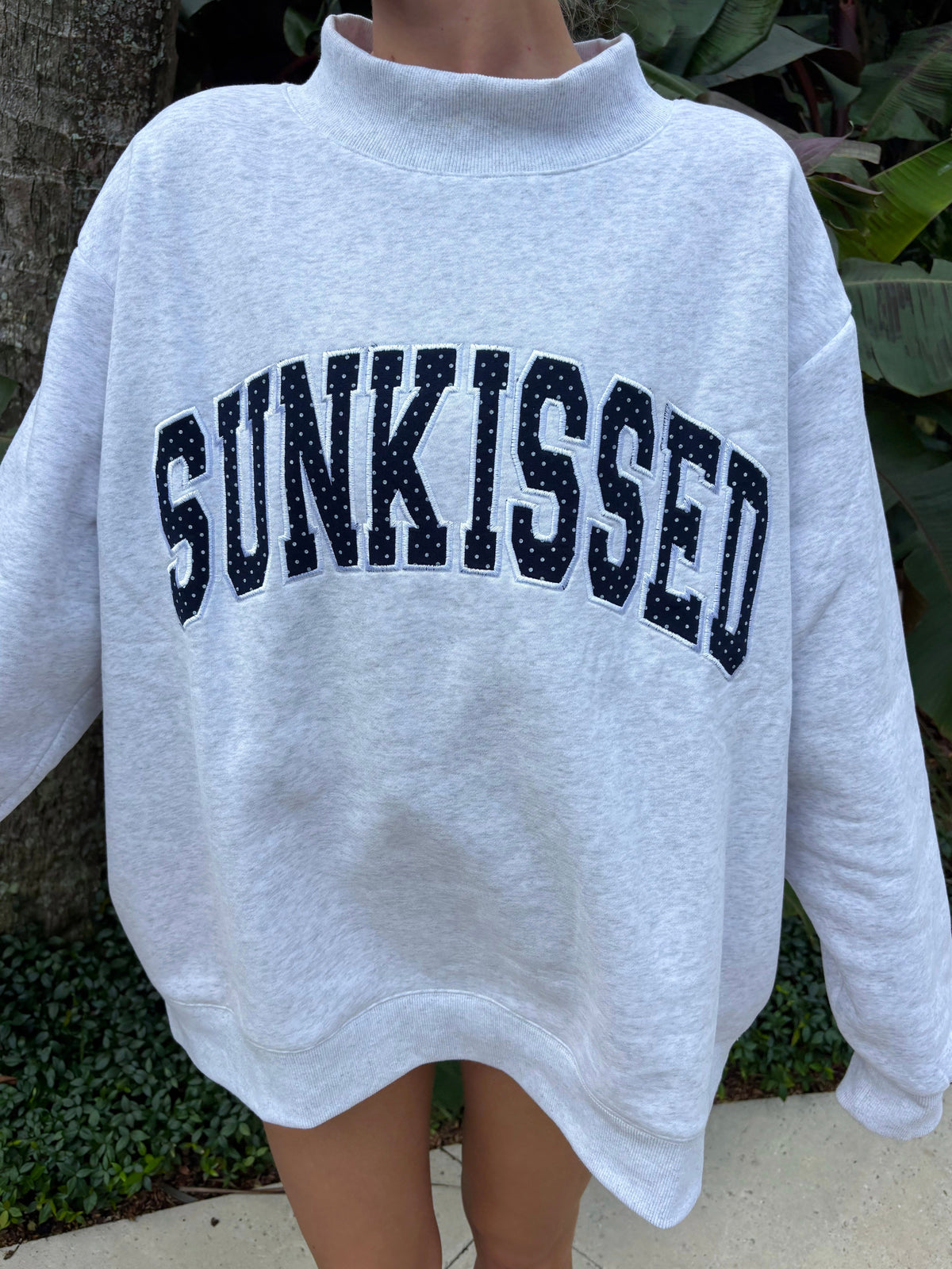 Pearl Grey Navy Blue Polka Dot SUNKISSED Mockneck Sweatshirt