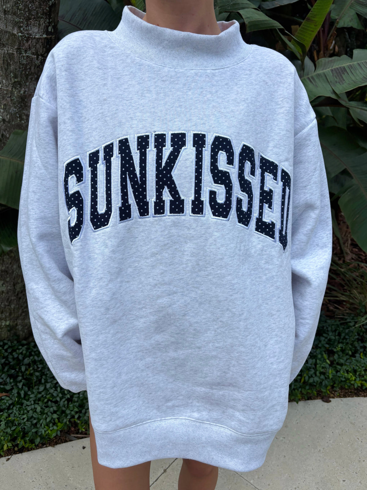 Pearl Grey Navy Blue Polka Dot SUNKISSED Mockneck Sweatshirt