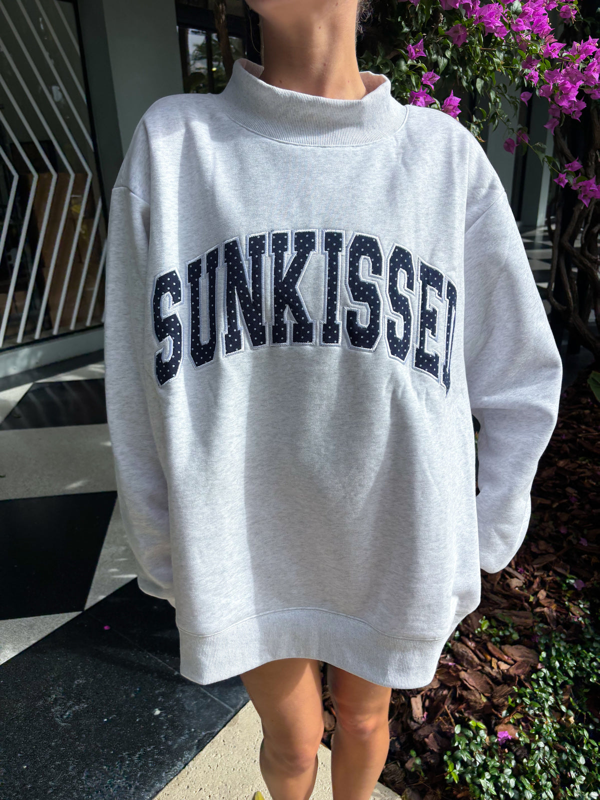 Pearl Grey Navy Blue Polka Dot SUNKISSED Mockneck Sweatshirt