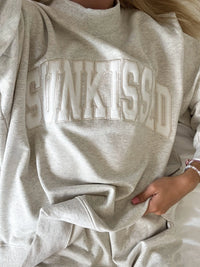 Oat Milk Grey Varsity Sunkissed Embroidered Mockneck Sweatshirt 100% Cotton