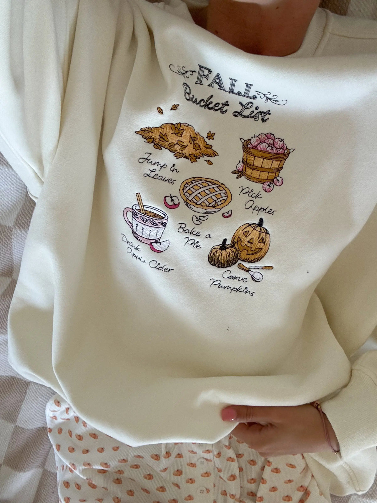 Ivory Autumn Fall Bucket List Embroidered Sweatshirt