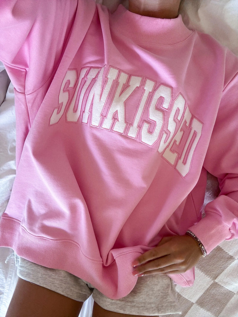 Lottie Pink Varsity Sunkissed Embroidered Mockneck Sweatshirt 100% Cotton