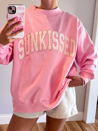 Lottie Pink Varsity Sunkissed Embroidered Mockneck Sweatshirt 100% Cotton