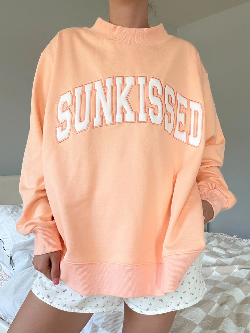 Papaya Orange Varsity Sunkissed Embroidered Mockneck Sweatshirt 100% Cotton