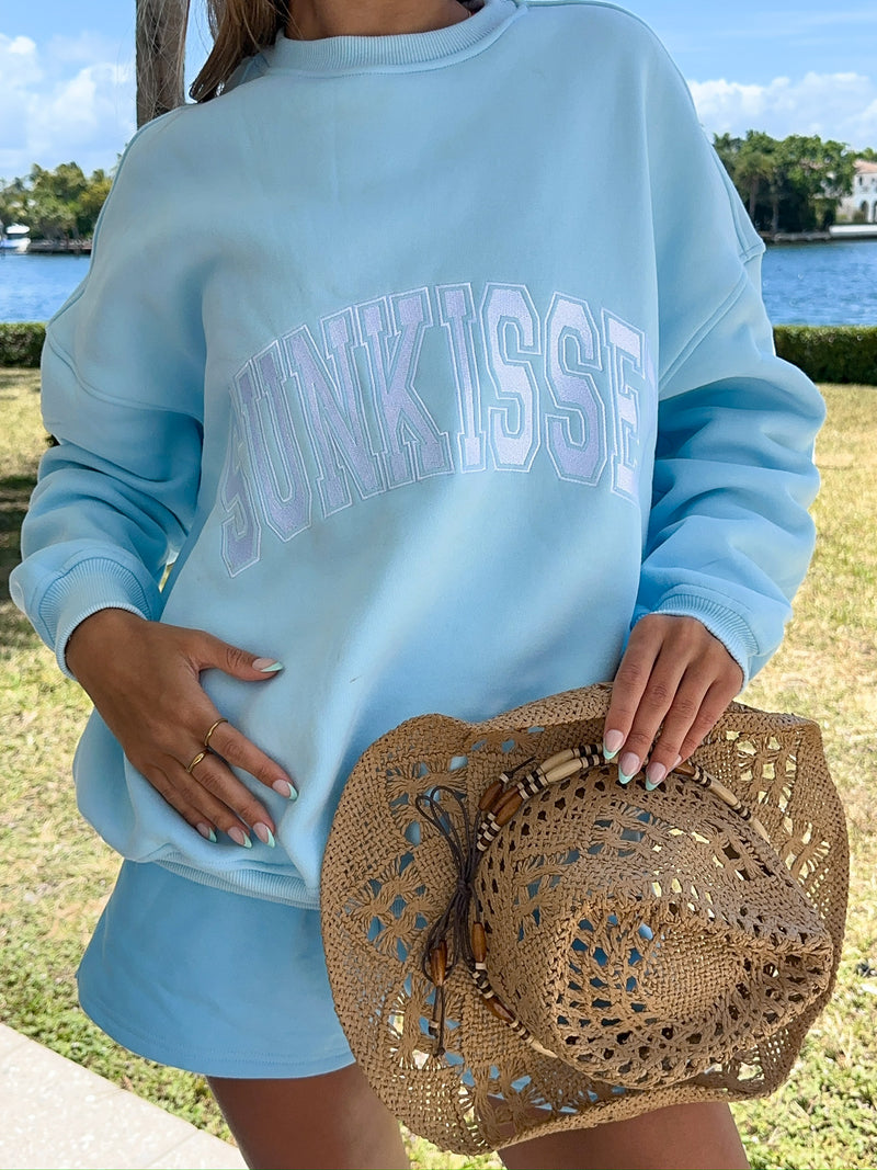 Icy Blue Sunkissed Varsity Embroider Sweatshirt