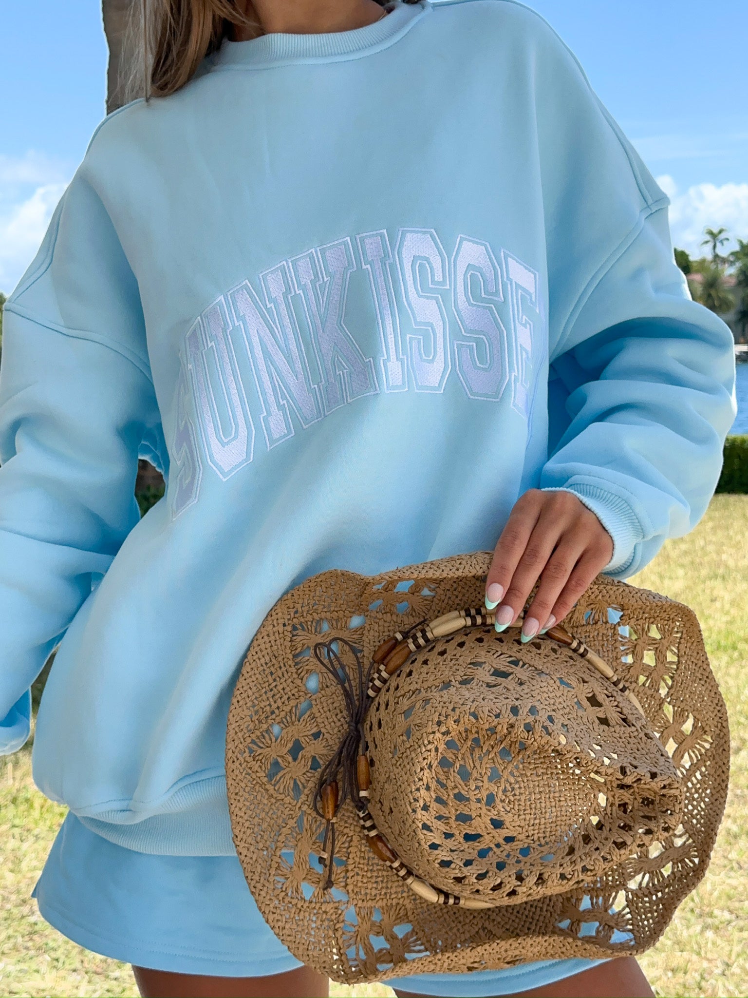 Icy Blue Sunkissed Varsity Embroider Sweatshirt