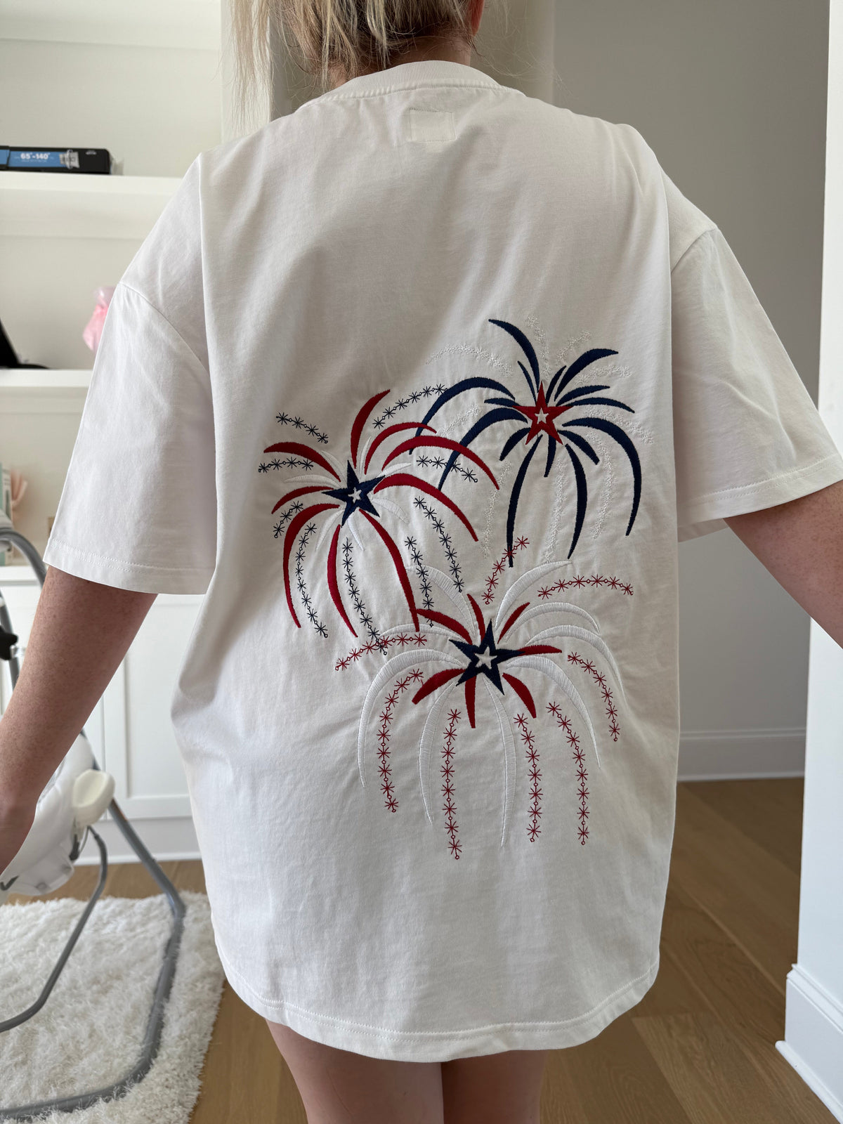 Midweight White Fireworks 4th Of July Memorial Day Embroider Tee