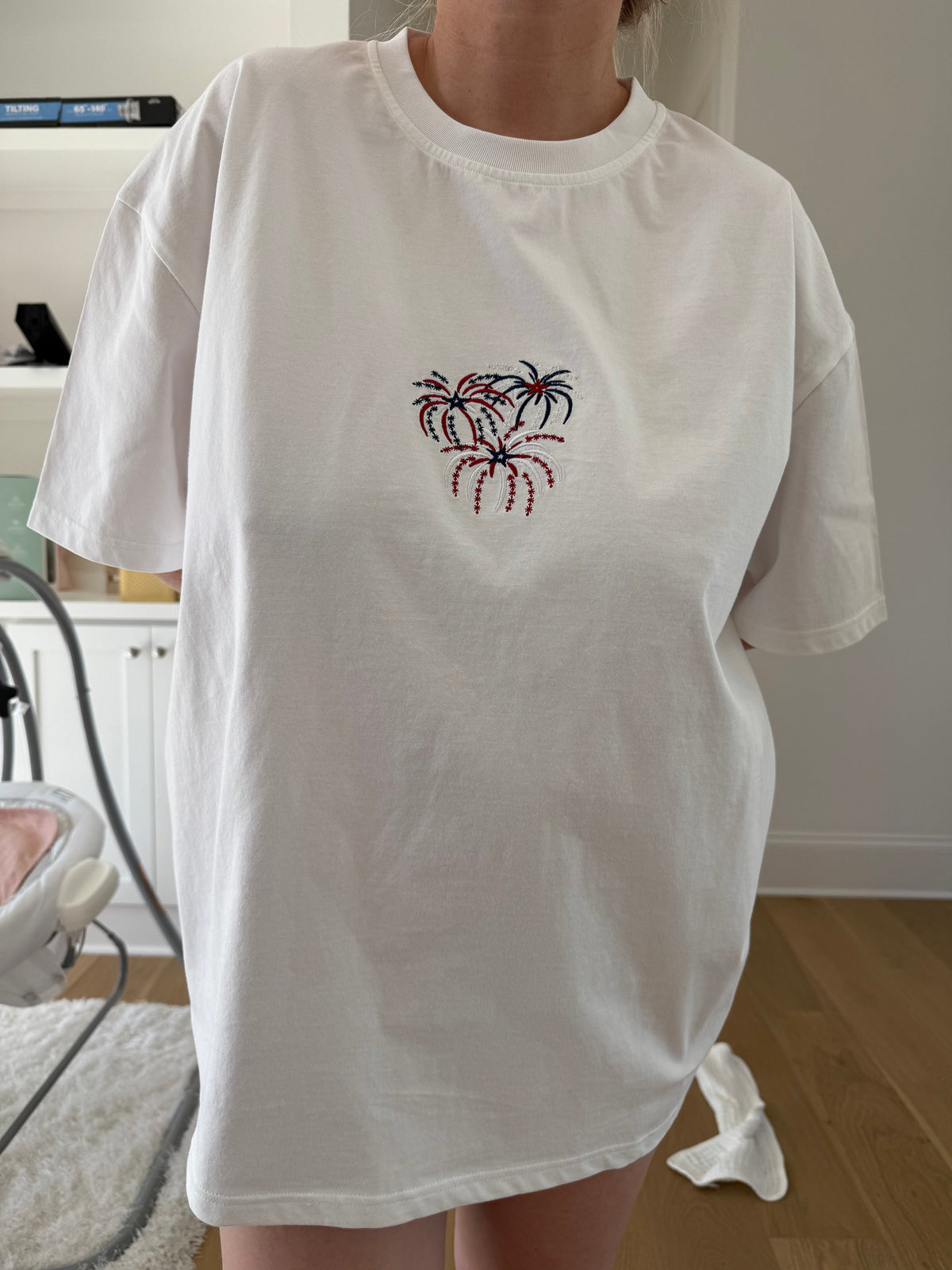 Midweight White Fireworks 4th Of July Memorial Day Embroider Tee
