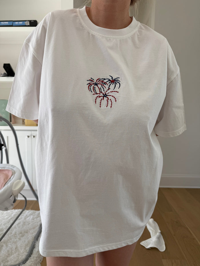 Midweight White Fireworks 4th Of July Memorial Day Embroider Tee