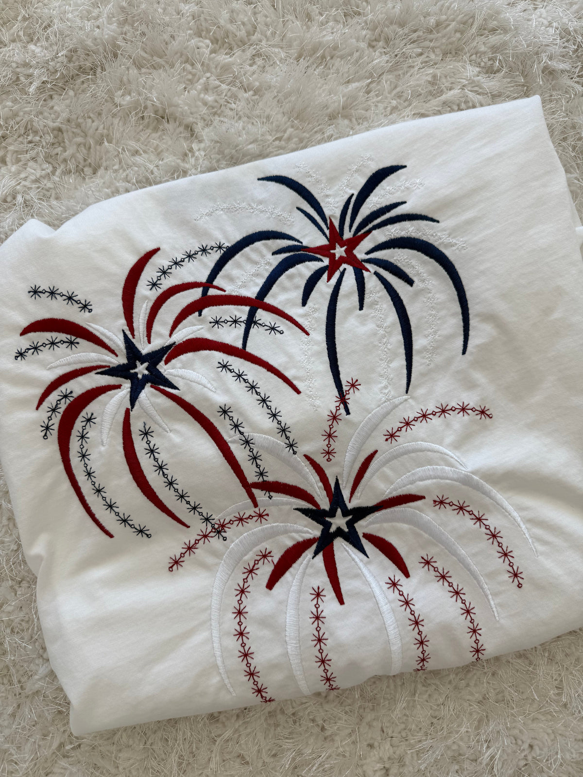 Midweight White Fireworks 4th Of July Memorial Day Embroider Tee