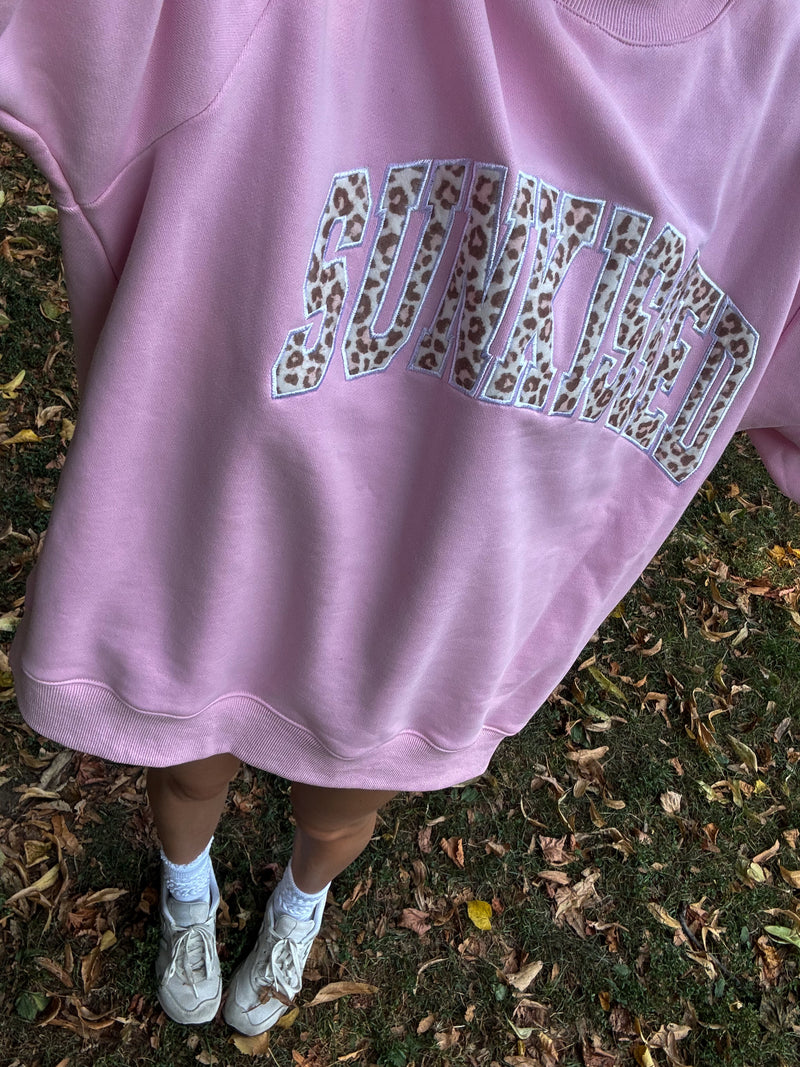 Bubblegum Pink Cheetah Print Varsity Sunkissed Embroidered Mockneck Sweatshirt 100% Cotton