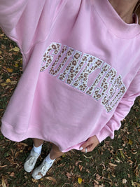 Bubblegum Pink Cheetah Print Varsity Sunkissed Embroidered Mockneck Sweatshirt 100% Cotton